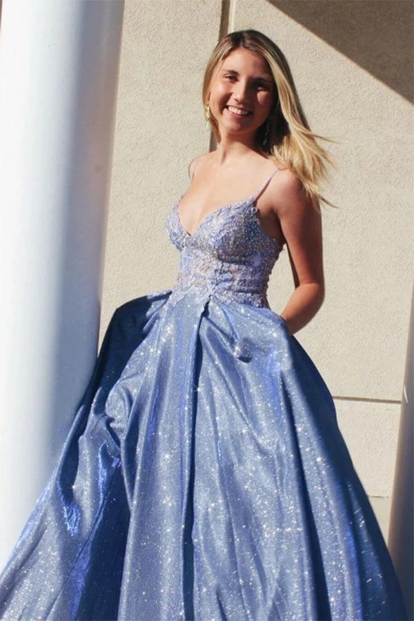 Glitter A Line Blue Spaghetti Straps Appliques Long Prom Dresses With Pockets OM0011