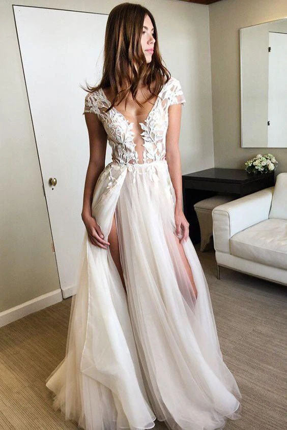 Charming Deep V Neck Tulle Prom Dresses with Appliques Backless Split Wedding Dresses SK07