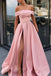 Simple A Line Off the Shoulder Satin High Slit Yellow Prom Dresses, Party Dresses OM0005