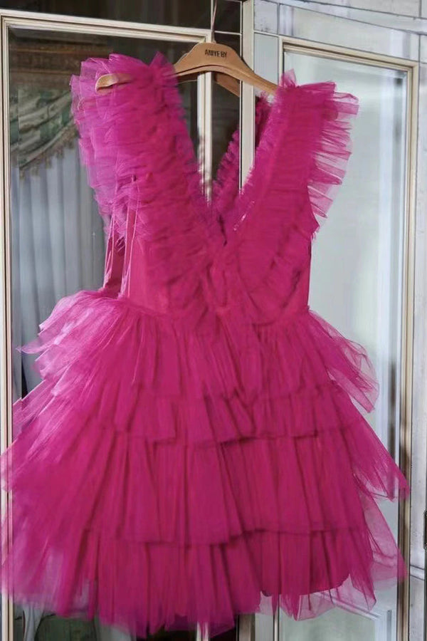 Dazzling Tiered V-Neck A-Line Tulle Homecoming Dress with Appliques main image 0