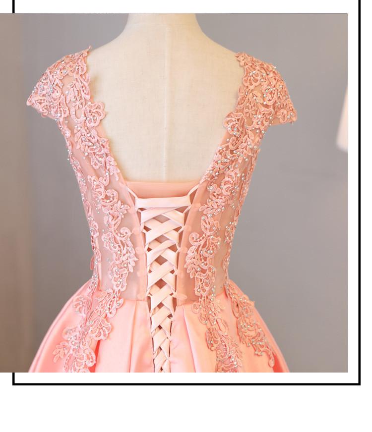 Blush Pink A Line Cap Sleeves Appliques Beaded Long Prom Dresses PDJ85