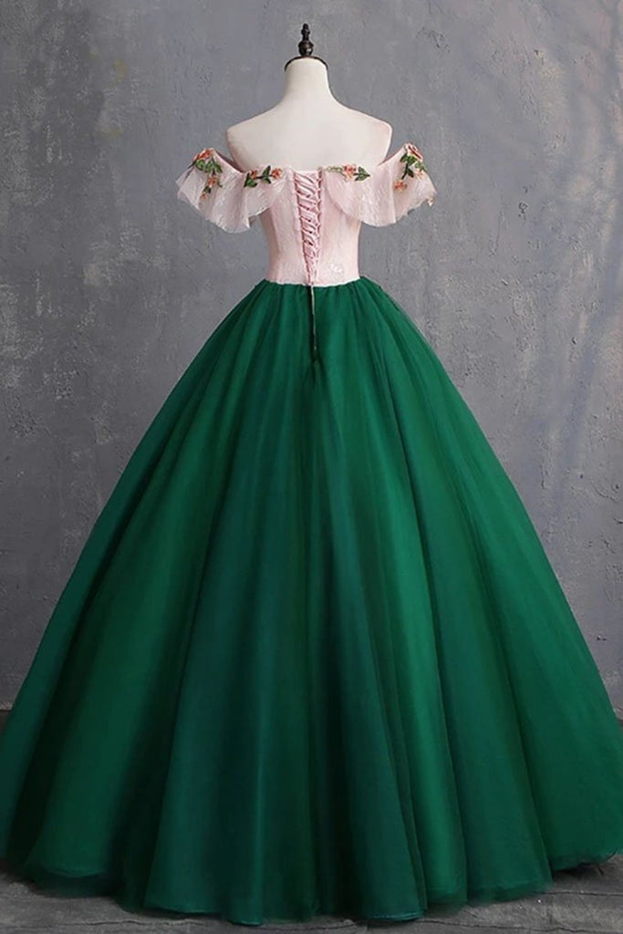 Puffy Ball Gown Green Off the Shoulder Quinceanera Dresses with Appliques Prom Dresses SK40