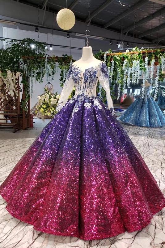 Ball Gown Long Sleeves Sequins Ombre Prom Dress, Pretty Quinceanera Dress PDQ45