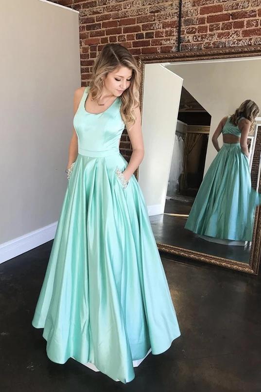 Unique A line Mint Green V Neck Long Satin Prom Dress With Beaded Pockets PD160