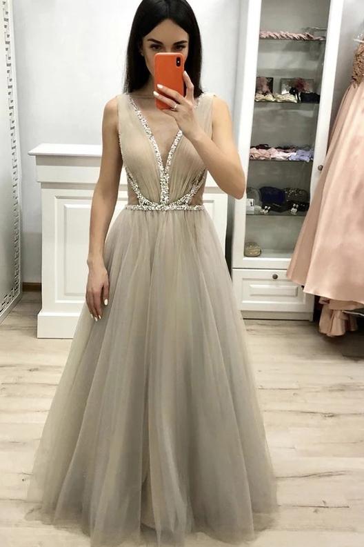 Chic Deep V Neck Long Prom Dress with Beading, A Line Tulle Long Graduation Dress TD65