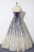 Strapless blue floral print tulle long a line prom dress, graduation dress mg143