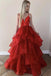 Princess A Line Spaghetti Straps Red V Neck Tulle Prom Dresses, Sequins Prom Dresses PD157
