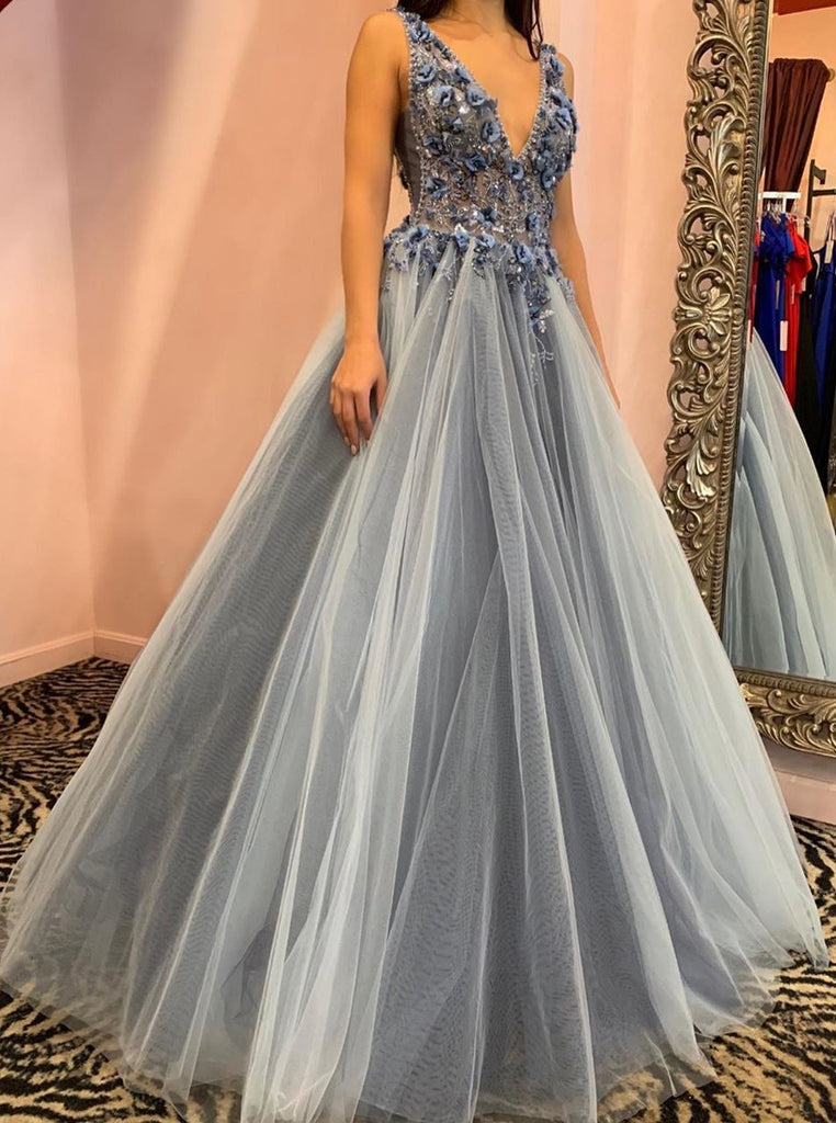 Charming A Line Blue Floral Embellished Prom Dresses V Neck Long Formal Prom Dresses TD17