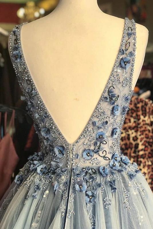 A-line blue floral embellished v-neck long formal prom dresses mg144