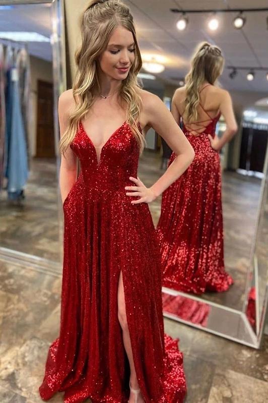 Sexy Red Sequins Long Prom Dresses, A Line V Neck Backless Evening Gown with Split PD156