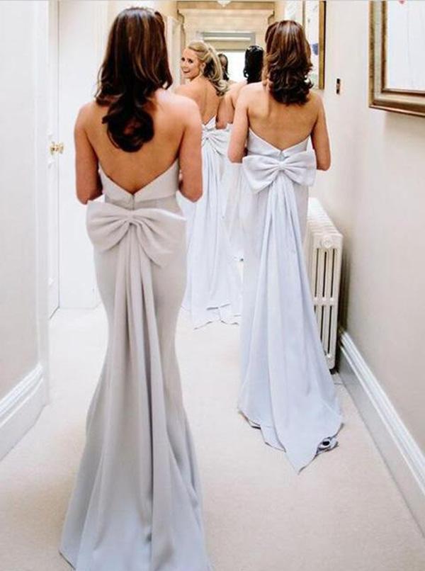 Simple Strapless Grey Satin Cheap Long Bridesmaid Dresses PDI44