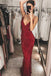 Mermaid Burgundy V-neck Sequins Backless Straps Prom Dresses Long Evening Dress OM0010