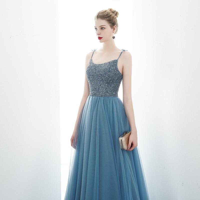 A-line Spaghetti Straps Blue Lace Up Back Beading Tulle Long Prom Dresses PDR84