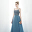 A-line Spaghetti Straps Blue Lace Up Back Beading Tulle Long Prom Dresses PDR84