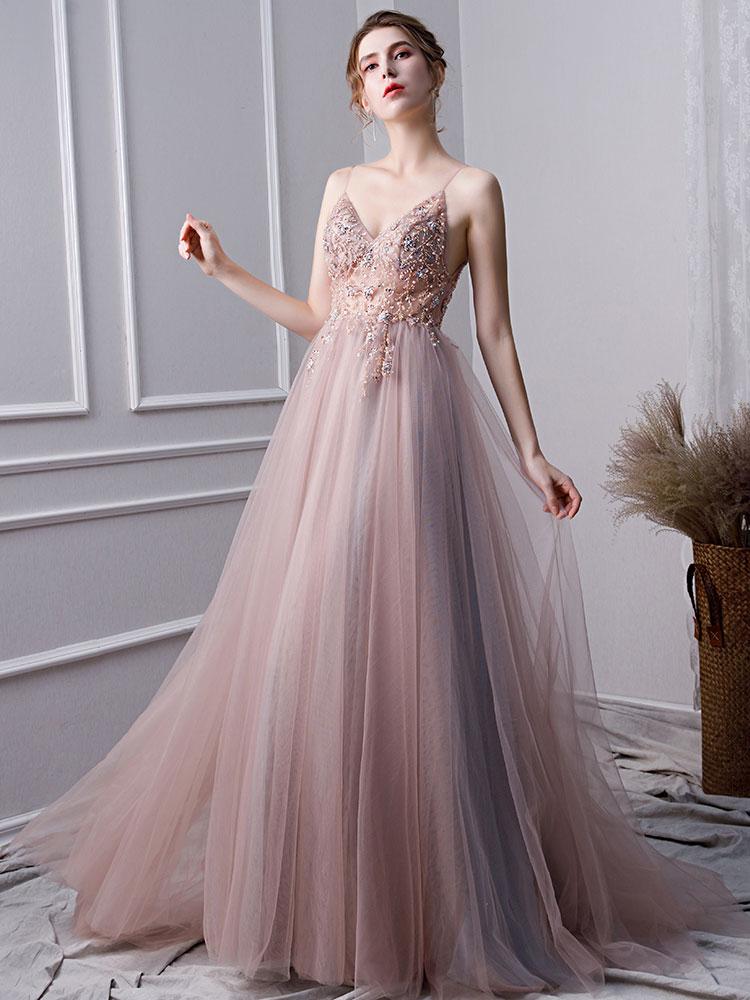Pink A Line Spaghetti Straps Tulle Beaded Prom Dresses With Appliques PDL25