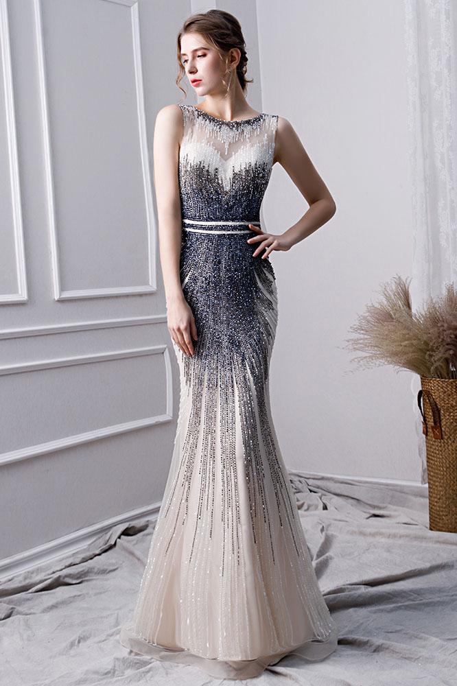 Elegant Mermaid Long Tulle Beading Prom Dresses PDL24