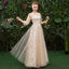Stunning A Line 3/4 Sleeves Tulle Round Neck Prom Dress Evening Dresses PDQ76