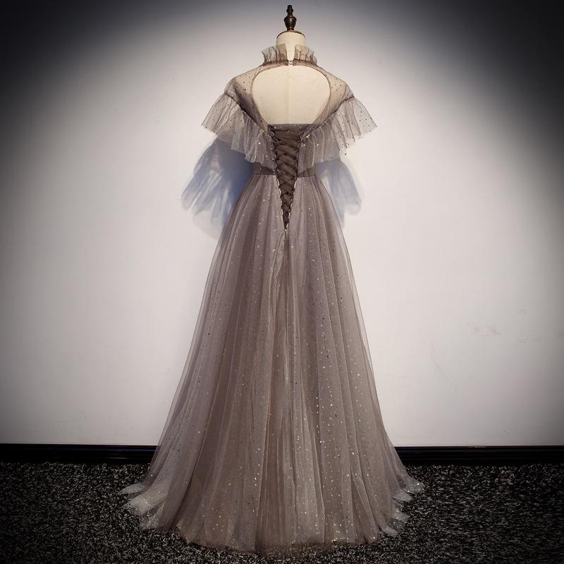 A Line High Neck Tulle Short Sleeves Prom Dress Long Evening Party Dresses PDQ73