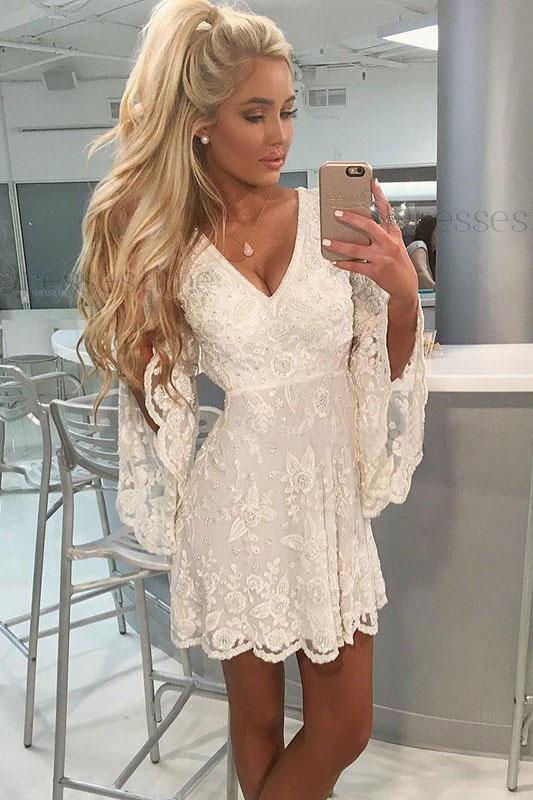 A-Line V-neck Open Back Bell Sleeves Short White Lace Homecoming Dress PPD8