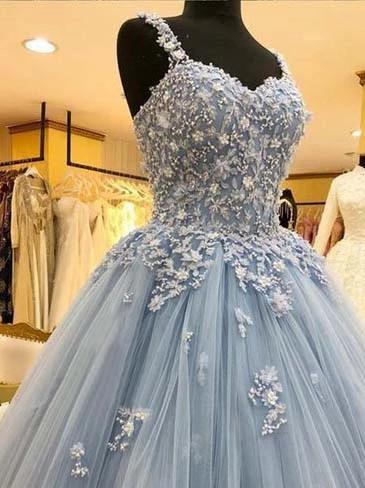 Charming Ball Gown Straps Long Beading Prom Dress Blue Appliques Quinceanera Dress TD44