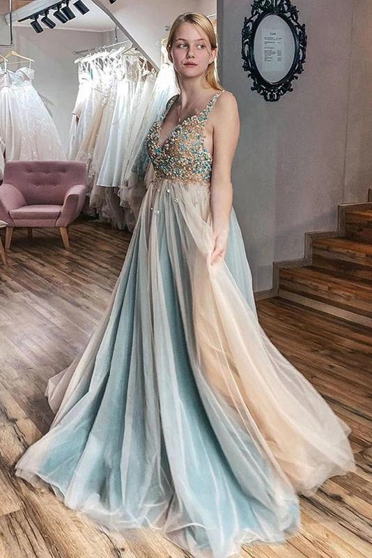 Simple A-Line V Neck Sequins Ombre Tulle Beading Prom Dresses Plus Size Evening Dress TD33