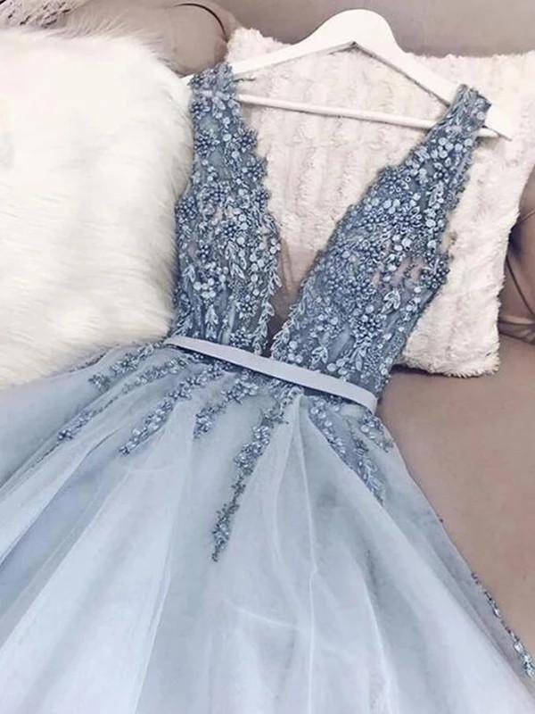 Elegant A Line Tulle Blue V Neck Long Sequins Prom Dresses Beading Formal Dresses PD174