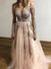 Charming Round Neck Lace Long Sleeves Prom Dresses Tulle Prom Formal Dresses PD135