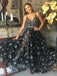 Starry night black prom dress long v neck tulle evening dress mg264
