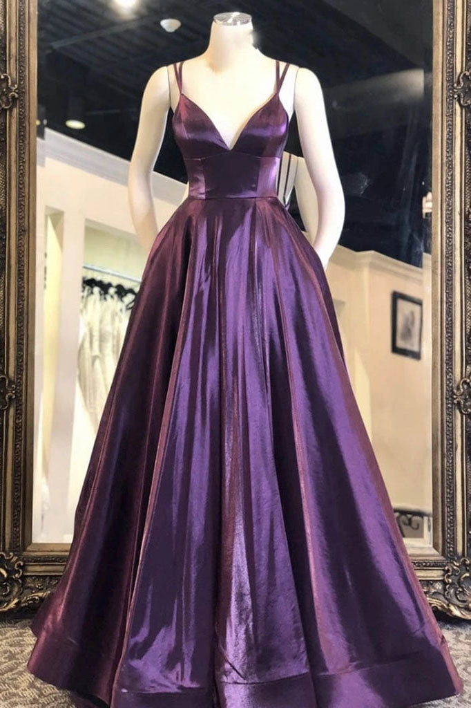 Simple A Line Purple Satin V neck Long Prom Dresses with Pockets, Formal Dresses OM0130