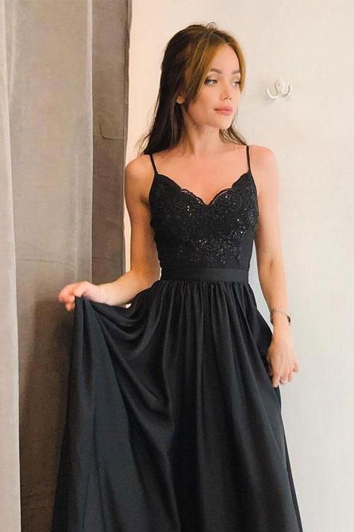 Stunning A-line Spaghetti Straps Long Black Prom Dress with Split PDJ63