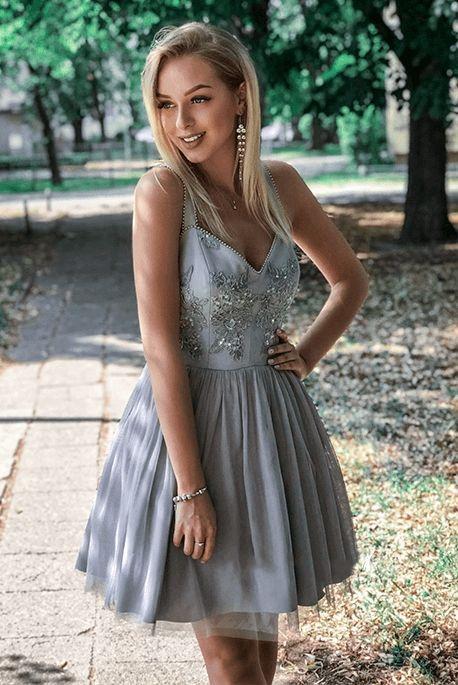 A-Line Straps Above-Knee Gray Homecoming Dress with Appliques PDN98