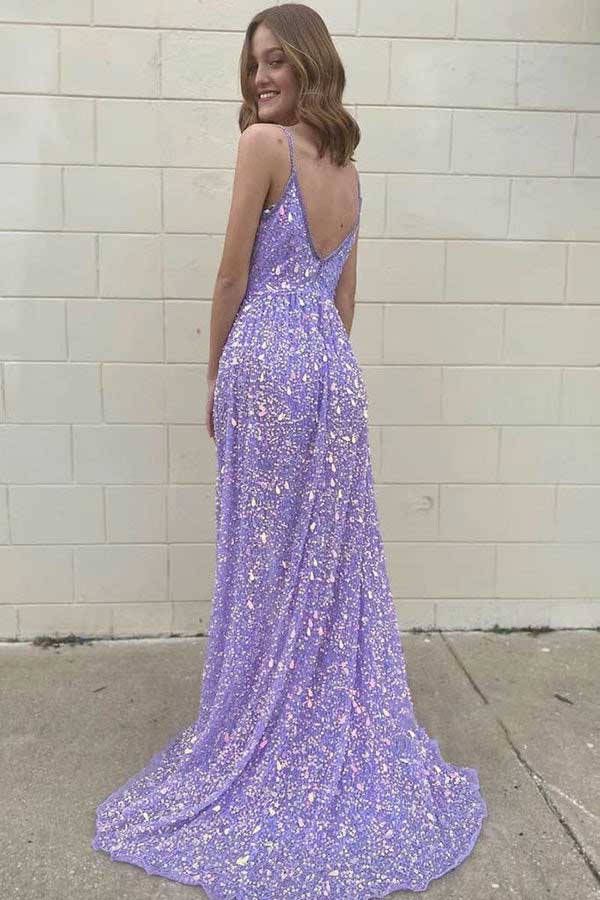 Shiny V Neck Sequins Spaghetti Straps Lavender Prom Dress With High Split OM0062