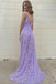Shiny V Neck Sequins Spaghetti Straps Lavender Prom Dress With High Split OM0062