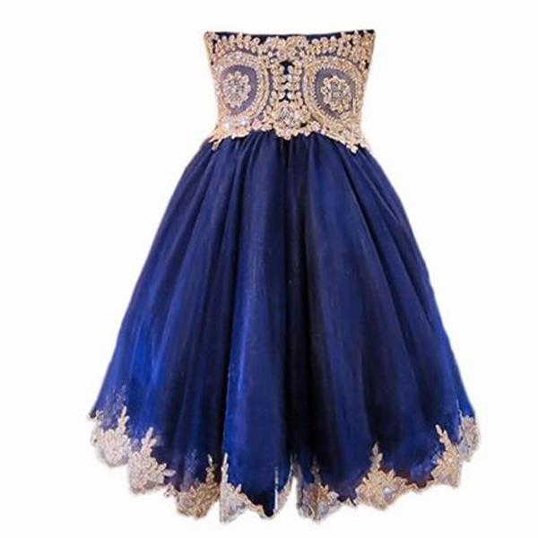A Line Short Blue Gold Lace Appliques Prom Dresses Homecoming Dresses PDF58
