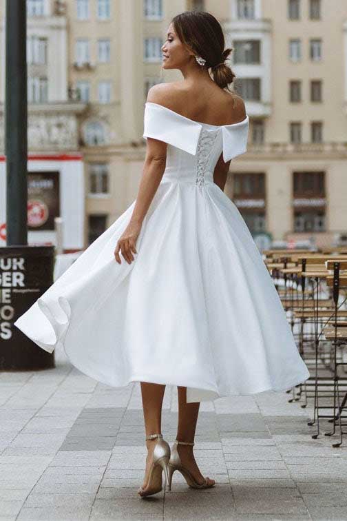 Simple A line Off the Shoulder Sweetheart Knee Length Wedding Dresses, Short Prom Dress OW0001