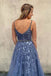 Elegant A line V neck Spaghetti Straps Blue Tulle Prom Dresses, Formal Party Dresses OM0146