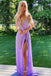 Sparkly A Line Lavender Sequin Long V neck Prom Dresses Split Evening Gown OM0041