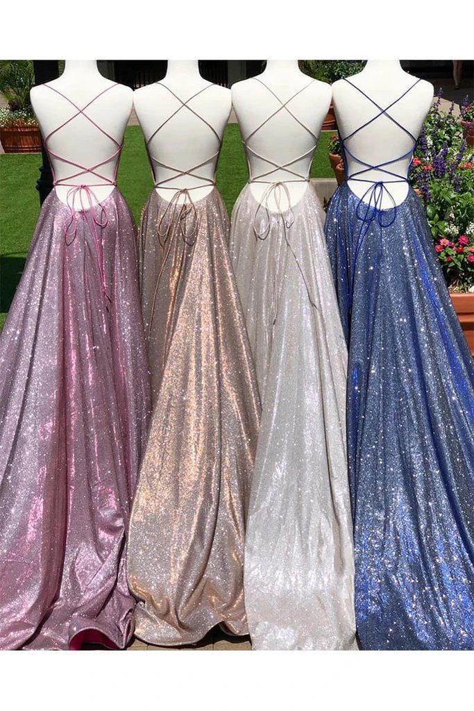 Sparkly A Line Long Prom Dresses with High Split Backless Evening Dress with Pockets OM0054