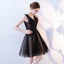 A Line V Neck Black Homecoming Dresses, Short Tulle Appliques Prom Dress PDN63