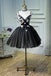 A Line Spaghetti Straps Tulle Black Short Homecoming Dress With Appliques PDN46