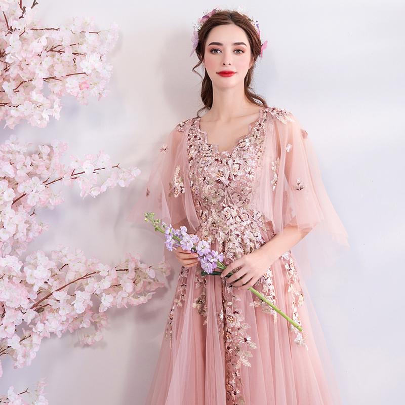 Princess A Line Pink Long Tulle Appliques V Neck Prom Dresses PDG68