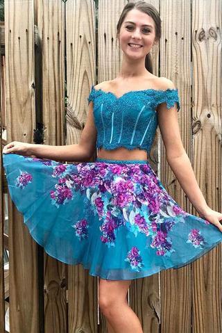Two Piece Turquoise Off Shoulder Beading Floral Homecoming Dresses PPD33