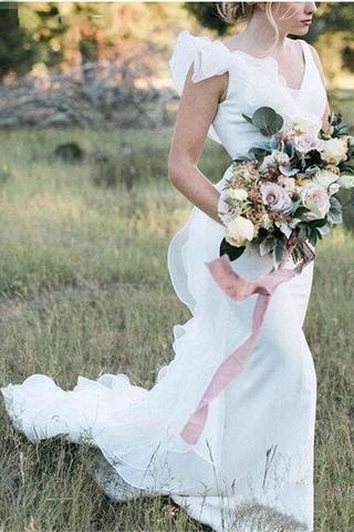 V Neck Backless Sheath White Wedding Dresses Long Simple Bridal Dresses PDN96
