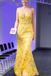 Elegant Mermaid Spaghetti Straps Lace Appliques Yellow Prom Dresses Evening Dress PD189