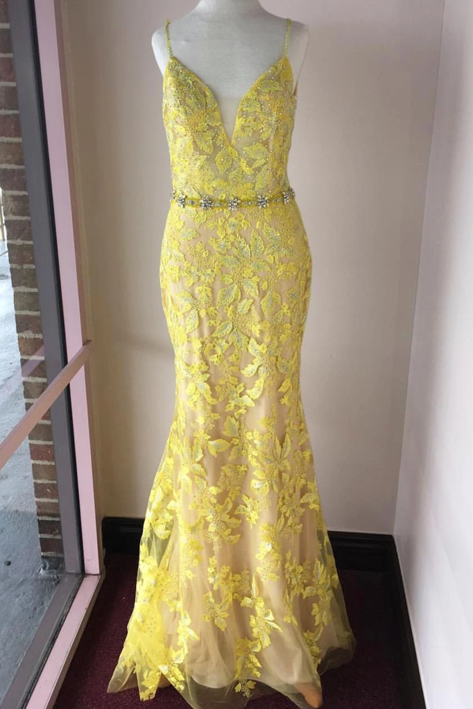 Elegant Mermaid Spaghetti Straps Lace Appliques Yellow Prom Dresses Evening Dress PD189