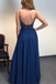 A-line Spaghetti Straps Dark Blue Chiffon Long Prom Dresses Beaded Evening Dress PDS96