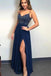 A-line Spaghetti Straps Dark Blue Chiffon Long Prom Dresses Beaded Evening Dress PDS96