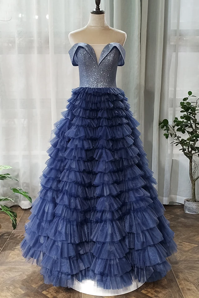 A-line Off-the-shoulder Royal Blue Long Prom Dresses Tulle Evening Dress PDS94
