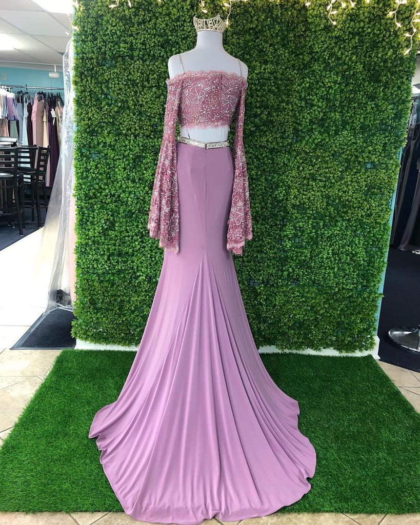 Chic Sheath Spaghetti Straps Pink Long Sleeves Prom Dresses Evening Dress PDT1
