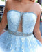 Stunning A-line Strapless Sky Blue Lace Beaded Long Prom Dresses Evening Dress PDT2